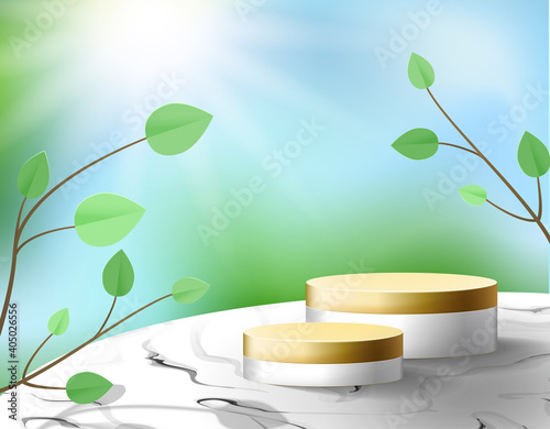 Gold c white pedestal on a marble table. Trend podium 3d on a beautiful blurred nature background with paper plants: a branch with leaves.
