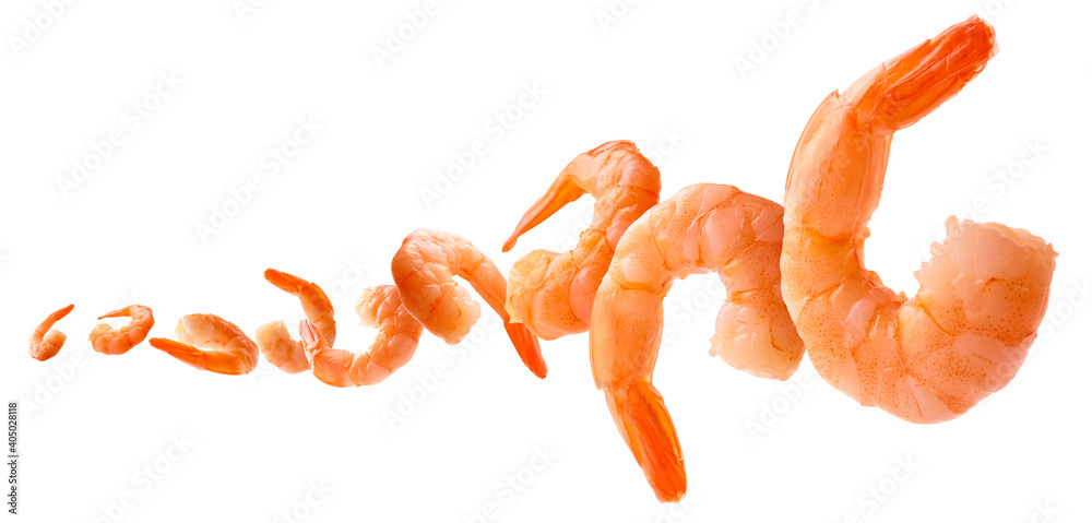 Boiled prawns levitate on a white background Boiled prawns levitate on a white background