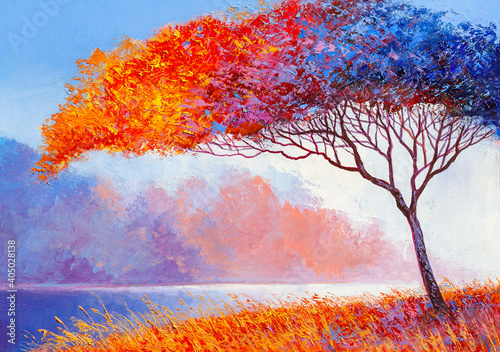 Fototapeta Naklejka Na Ścianę i Meble -  Oil painting landscape, autumn forest near the river, colorful autumn trees.