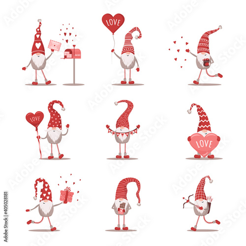 Valentines gnomes in red hat. Lovely scandinavian elf isolated on white background. Cute festive elements of 14 february. Vector illustration in flat cartoon style.