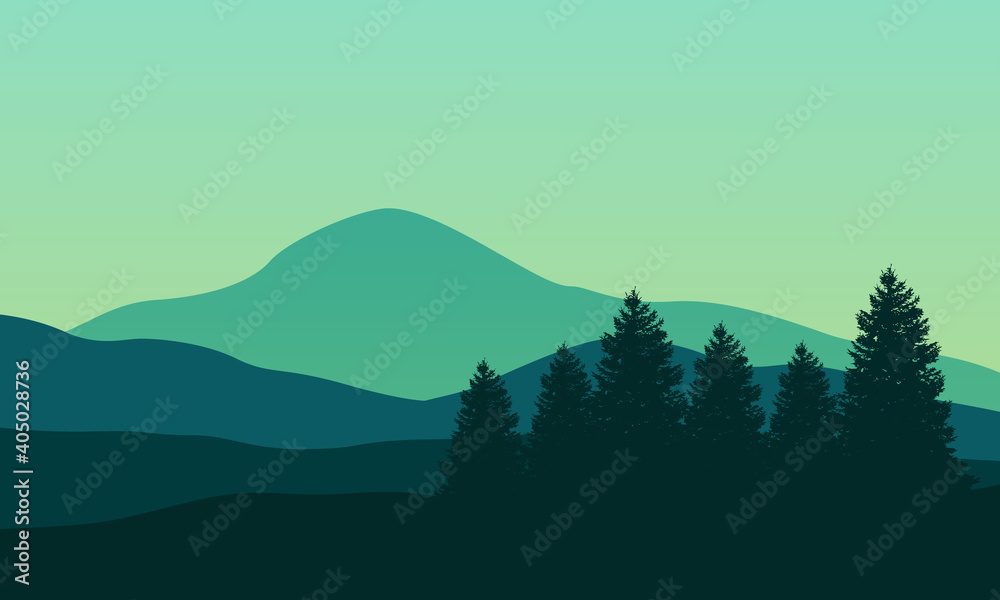 Panoramic view of the mountain landscape on morning bright. Vector illustration