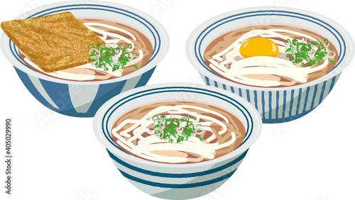きつねうどん、月見うどん、ノーマルなうどんのイメージイラストセット