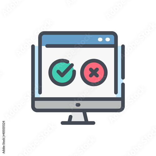 Online survey color line icon. Computer with open tab and checklist vector outline colorful sign.