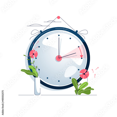 Daylight Saving Time vector illustration. The clocks moves forward one hour to daylight-saving time. Floral decoration, pink flowers. Turning to summer time, spring clock changes concept. Flat style