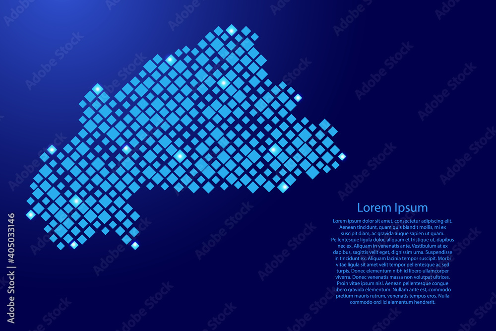 Burkina Faso map from blue pattern rhombuses of different sizes and glowing space stars grid. Vector illustration. Burkina Faso map from blue pattern rhombuses of different sizes and glowing space stars grid. Vector illustration.