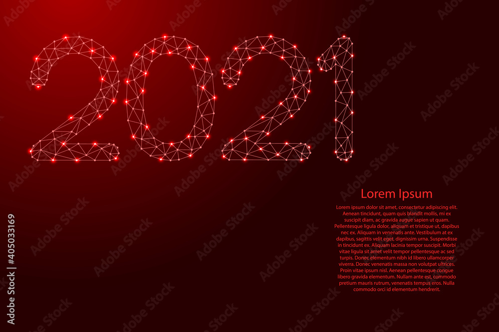 2021 happy new year, numbers from futuristic polygonal red lines and glowing stars for banner, poster, greeting card. Vector illustration.. 2021 happy new year, numbers from futuristic polygonal red lines and glowing stars for banner, poster, greeting card. Vector illustration..