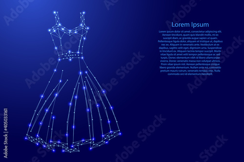 Sundress dress women's from futuristic polygonal blue lines and glowing stars for banner, poster, greeting card. Vector illustration.