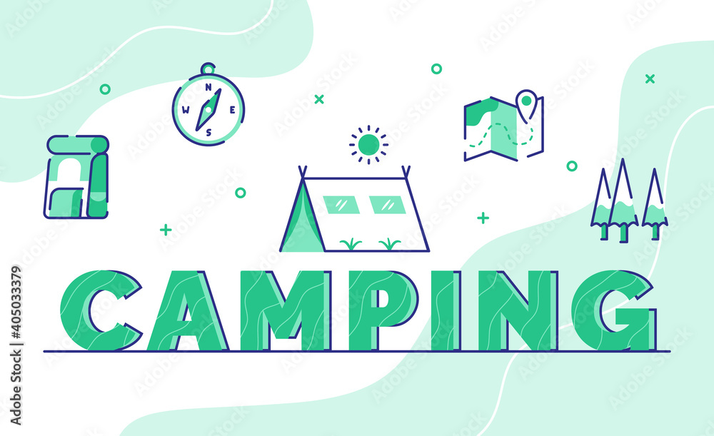 camping typography word art background of icon backpack compass tent map tree with outline style