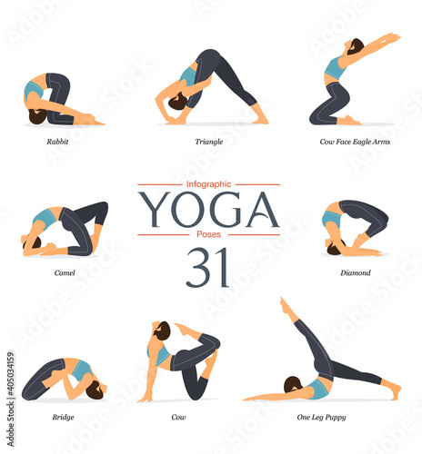 Set of 8 yoga poses or asana posture in flat design. Beauty woman in blue sportswear and black yoga pants is doing exercise for body stretching. Yoga infographics.