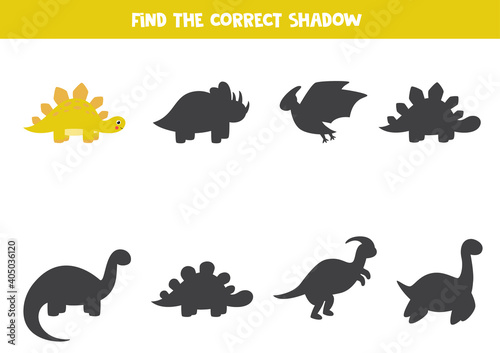 Find the right shadow of cute cartoon stegosaurus.