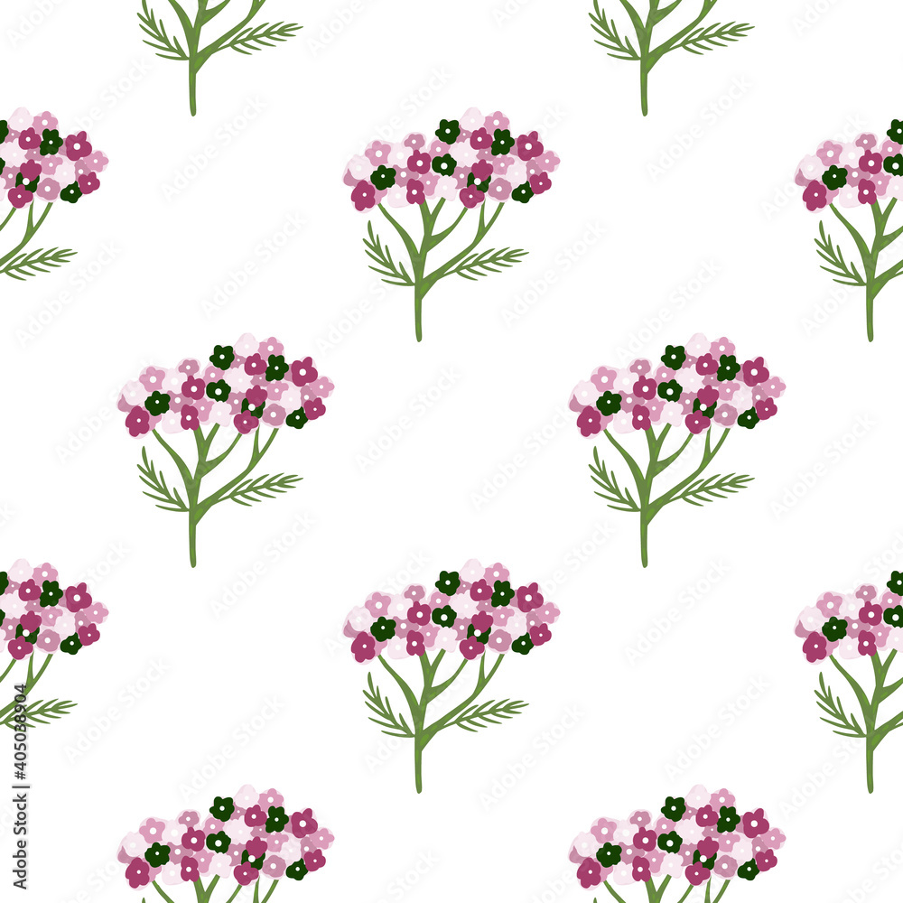 Isolated seamless pattern with creative yarrow purple silhouette. White background.