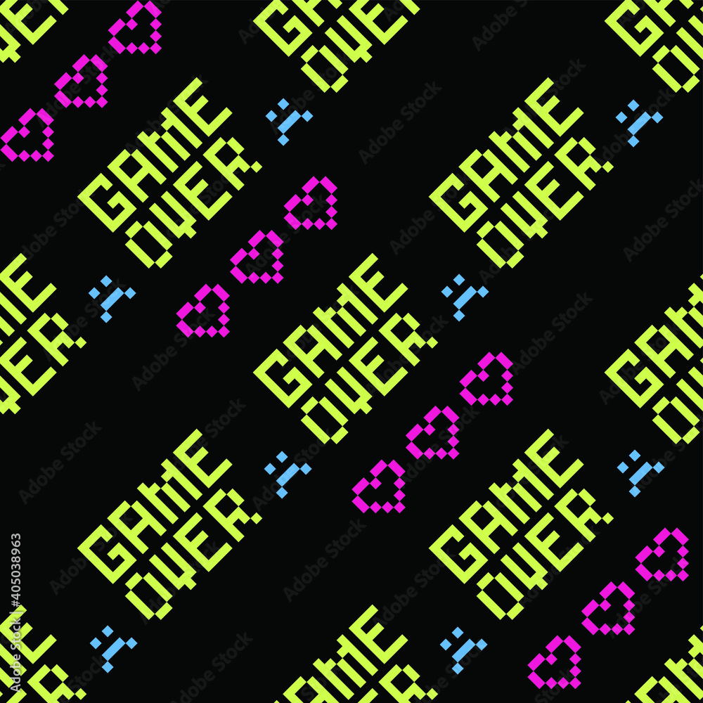 Obraz premium Pixel game over and hearts pattern. Seamless vector background for fabric, textile, wrapping, cover etc.