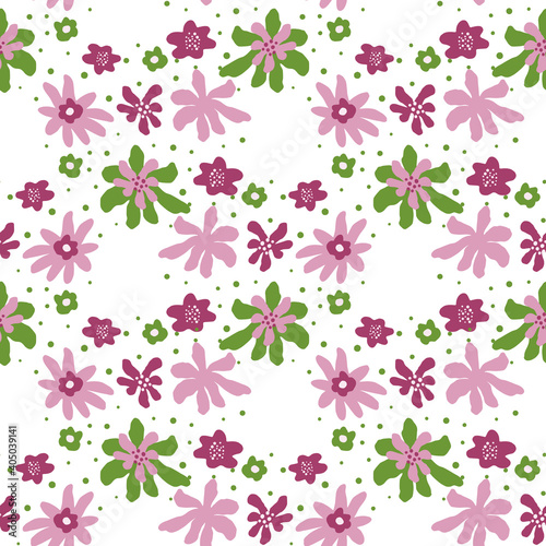 Isolated seamless pattern with pink and green colored flower elements. White background.