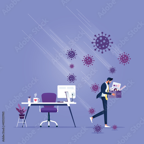 Unemployment or jobless from COVID-19 Coronavirus outbreak concept, Businessman carrying thing after being fired, virus pathogens fall on him, worker being fired