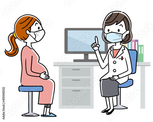 ベクターイラスト素材：マスクを付けて診察する医師と患者
