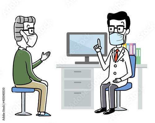 ベクターイラスト素材：マスクを付けて診察する医師とシニアの患者
