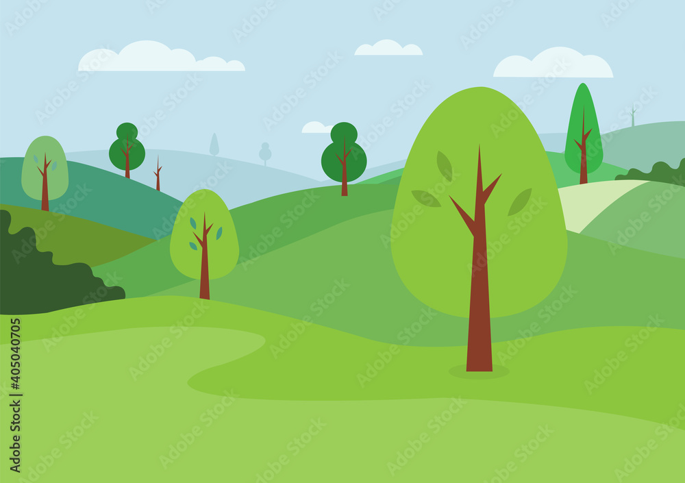 Nature landscape background vector. Natural green hills and sky background.Meadow scene with trees.Green park with clouds. Nature landscape background vector. Natural green hills and sky background.Meadow scene with trees.Green park with clouds.
