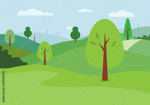 Nature landscape background vector. Natural green hills and sky background.Meadow scene with trees.Green park with clouds.