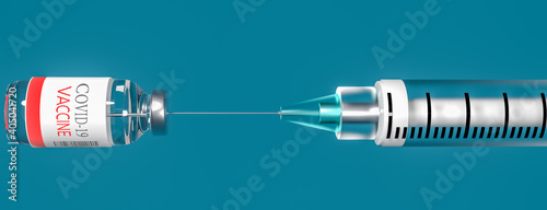 SARS - CoV2 Vaccine concept. A medical needle entering into a glass vial of COVID-19 Vaccine. Medical research. 3d rendering