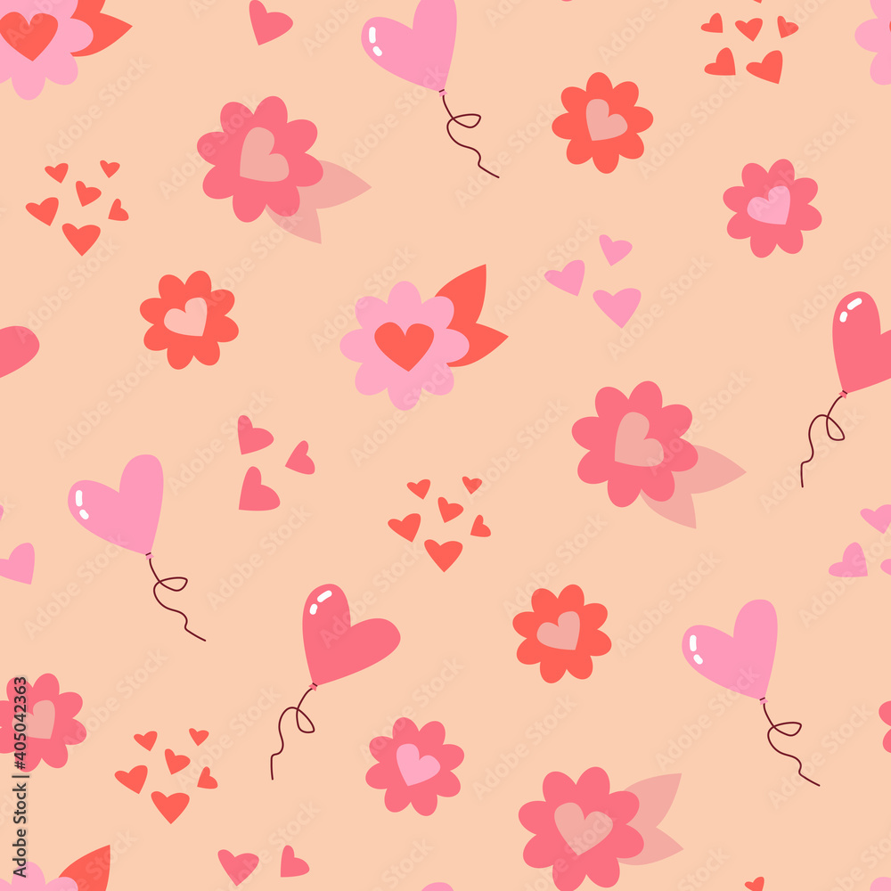 Seamless pattern for st. Valentine. Heart shaped balloons, flowers and hearts. Flat style.