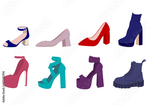 High-heeled shoes set. Flat vector illustration. Women's High-Heeled Shoes