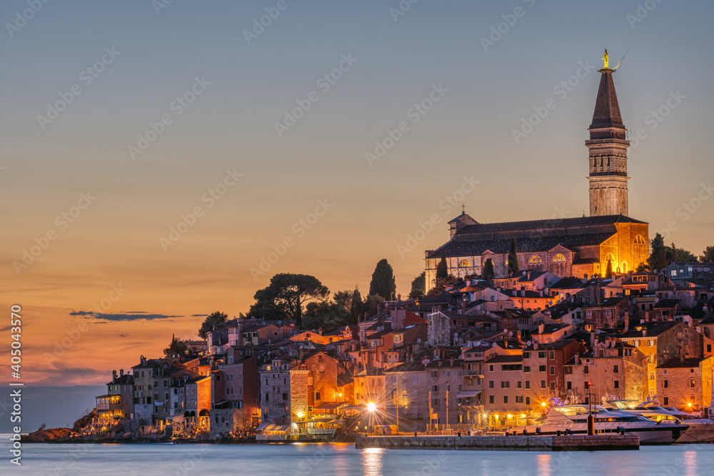 View to the beautiful old town of Rovinj in Croatia after sunset