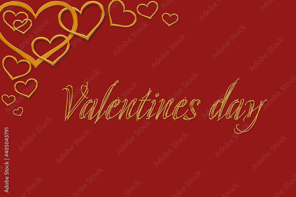 Valentine's Day flat greeting card, banner, poster, flyer with gold hearts. Illustration on a red isolated background. High quality photo