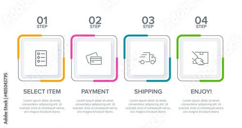 Concept of shopping process with 4 successive steps. Four colorful graphic elements. Timeline design for brochure, presentation, web site. Infographic design layout.