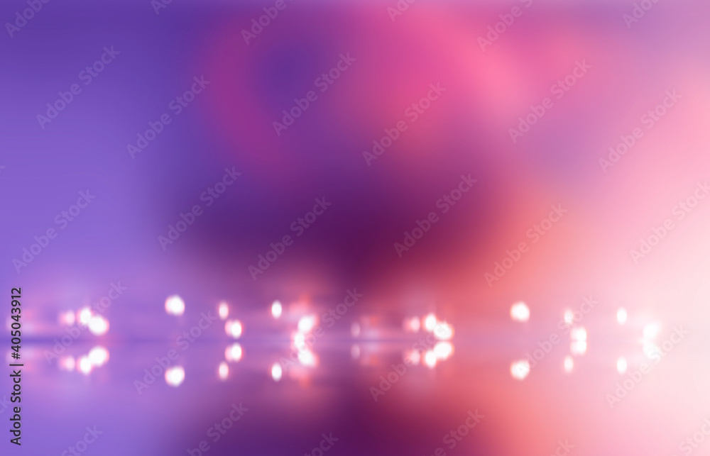 Neon abstract background of empty studio, reflection in water, neon streaks. Empty scene with bokeh lights, blur. 