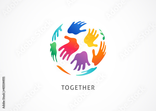 Colorful hands, arrange in circle, create new world concept design, logo template, symbol, abstract icon 