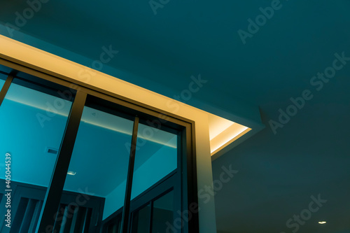 Canvas-taulu interior hidden LED lighting above window glass.