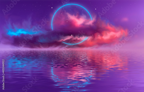 Abstract neon landscape with cloud, neon reflection in water. Futuristic landscape, neon circle. Multicolored ultraviolet background.