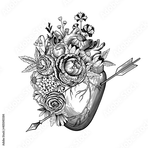 Vintage illustration of heart pierced by an arrow in engraving style with retro flowers. Black and white vector drawing.