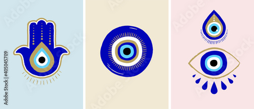Evil eye or Turkish eye symbols and icons set. Modern amulet design and home decor idea