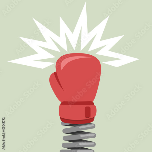 Boxing glove on spring makes a punch. Vector illustration