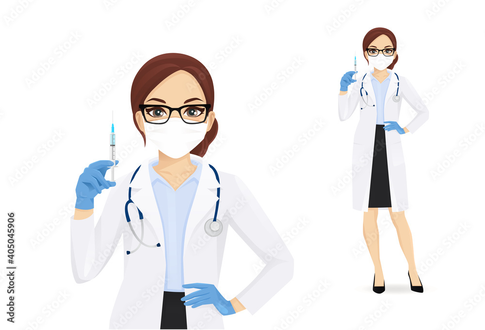 Female doctor character wearing protective medical mask and gloves holding syringe in hand isolated vector illustartion Female doctor character wearing protective medical mask and gloves holding syringe in hand isolated vector illustartion