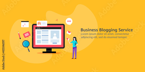 Business blogging service, Vector illustration of blog, online journal, company news, content promotion and public announcement.