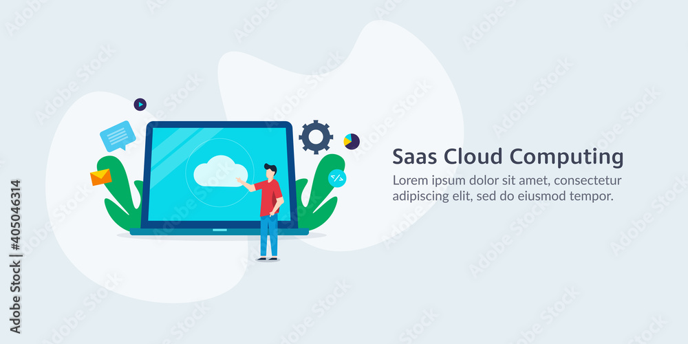 Cloud computing, data storage technology service with saas application. Businessman using saas software. Vector illustration.
