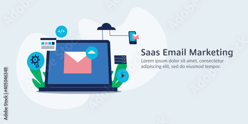 Saas email marketing, cloud computing and marketing software application, flat design vector web banner.