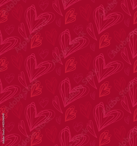 Geometric seamless pattern of pink doodle hearts with hatching on burgundy background. Scribble texture. Love on Valentines Day holiday. Vector festive wallpaper. Bright fabric
