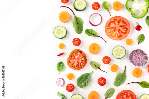Fresh vegetables, a flat lay on a white background, vibrant food pattern, overhead shot with copy space, a design template