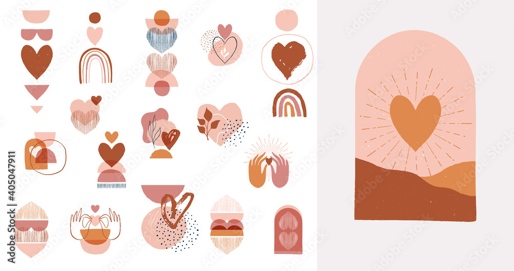 Collection of Boho Valentines day symbols and elements. Set of bohemian prints with earth color hearts and abstract shapes. 