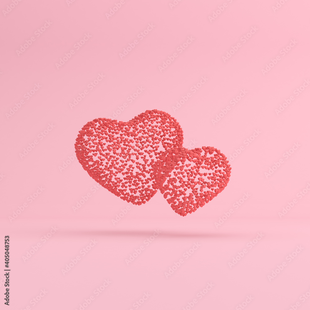Minimal scene of floating tiny heart in hearts shape. Valentine concept, 3D rendering.
