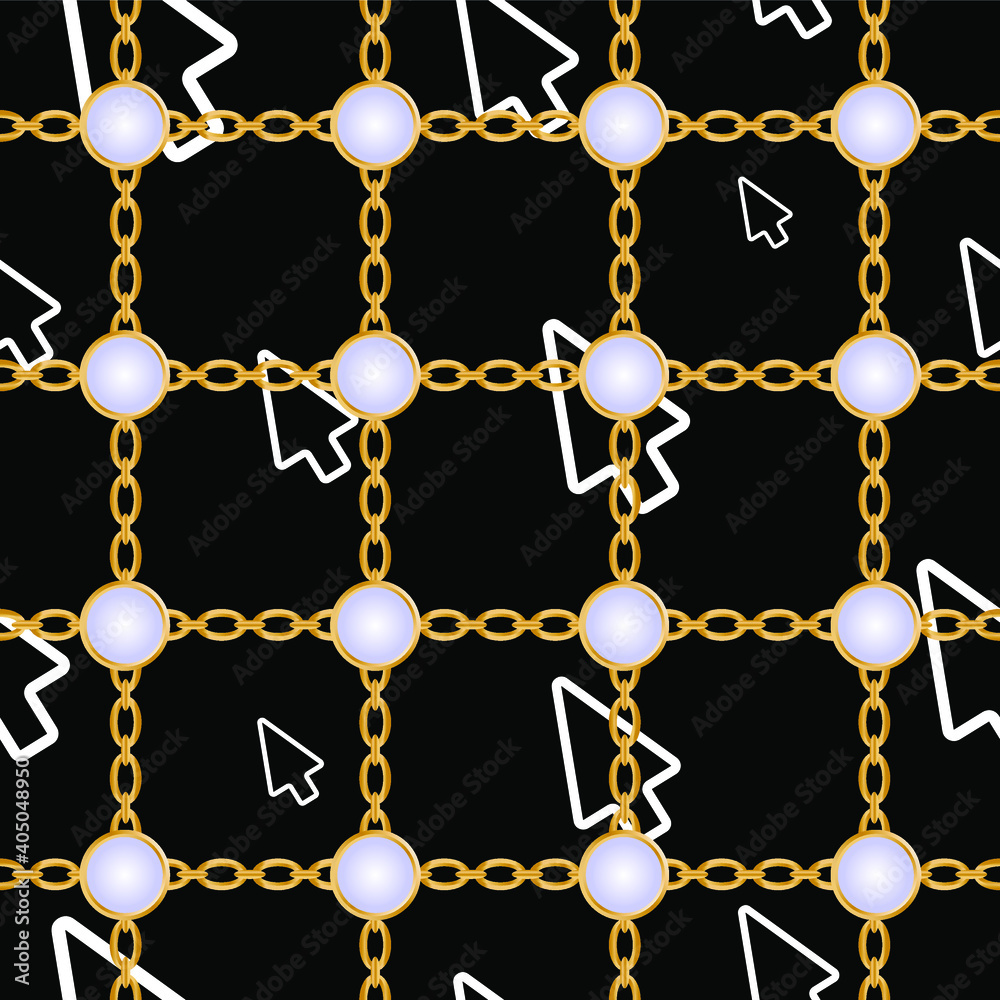Seamless pattern decorated with gold chains and floral.