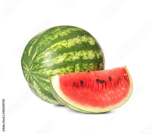 Ripe watermelon with slice isolated on white background
