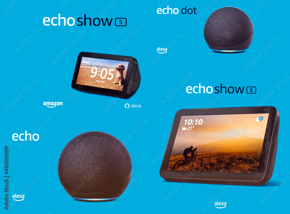 Bologna - Italy - Janyary 10, 2021: Amazon complete set for Alexa virtual  assistant AI. Echo Dot 8, Echo Dot 5, Echo, Echo Dot Stock-Foto | Adobe  Stock
