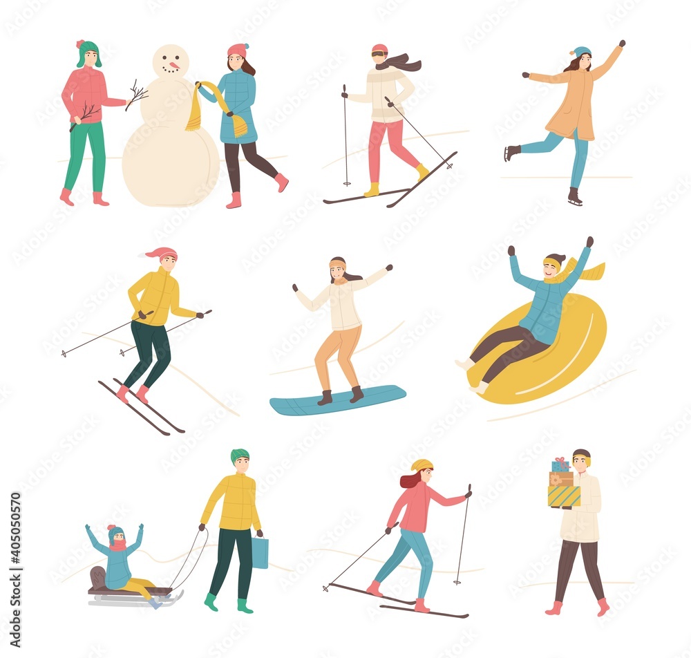 Cartoon Color Characters People and Winter Sport Concept. Vector