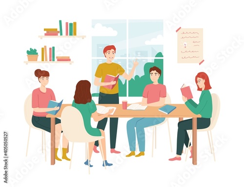 Cartoon Color Characters People Students Sitting Together at Table with Books Concept. Vector
