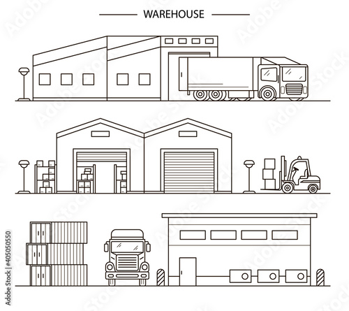 Warehouse Building Sign Contour Linear Icon Set. Vector