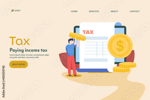 Tax payment, calculation of income tax. Financial audit report, invoice, documents, computer. Businessman with tax money accounting. Vector illustration.